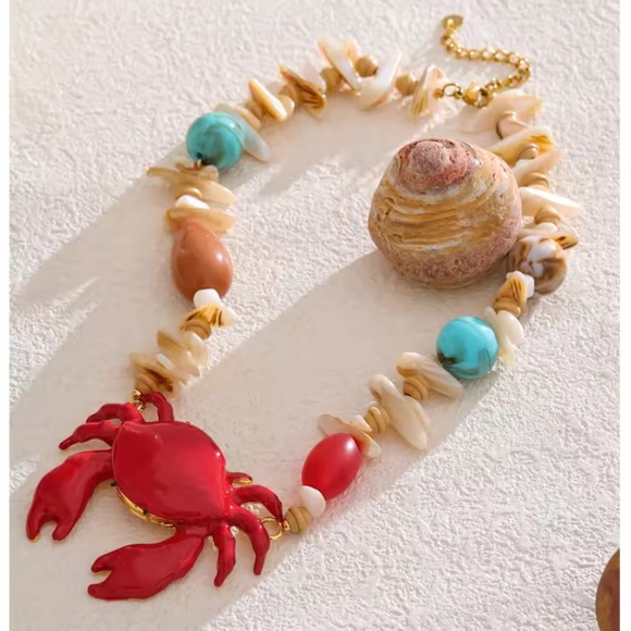 Red Crab Coastal Multicolor Beaded Gold Necklace - Picture 8 of 9